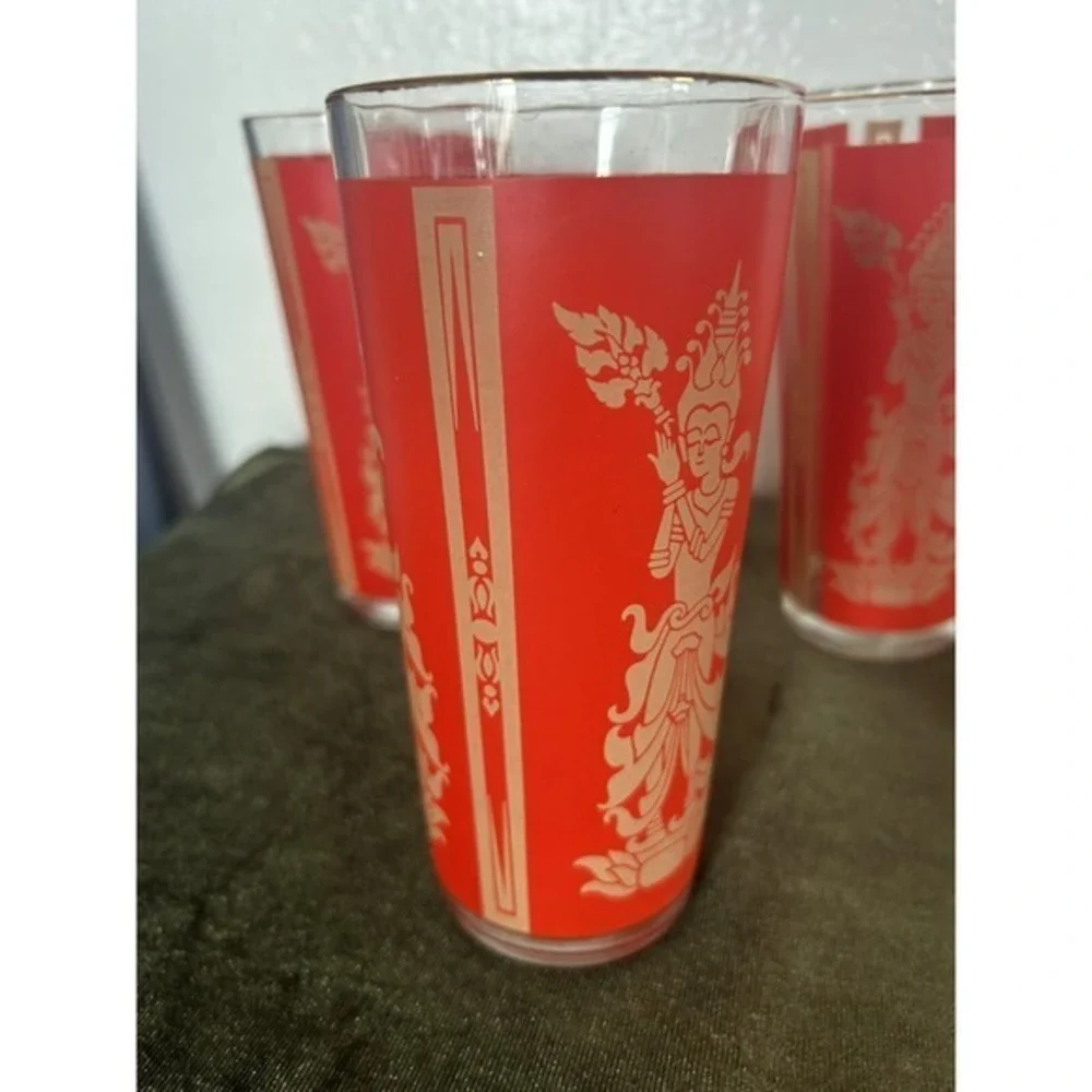 5-PC Vintage‎ Mid-century Modern Thai Goddess Culver Red Gold 12oz Glasses Gift